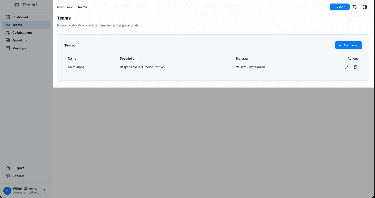 Interfaz de gestión de equipos organizada