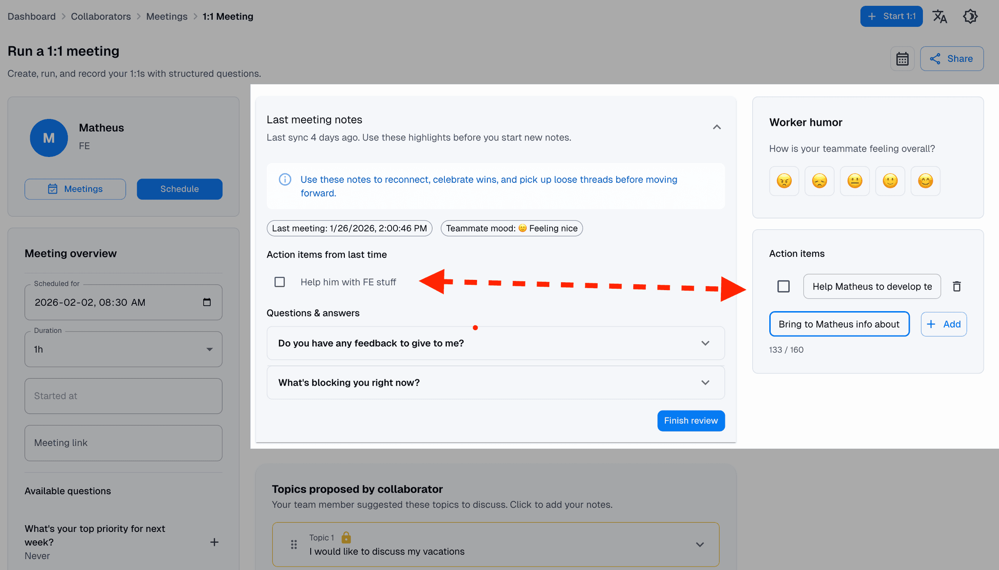 Action items tracking interface