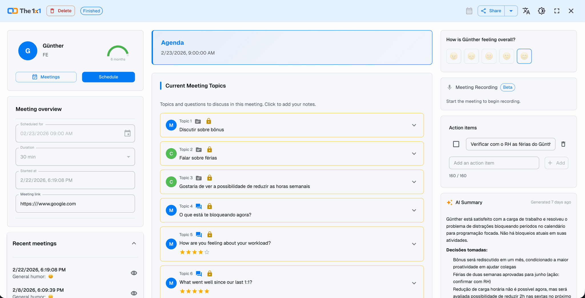 1:1 meeting workspace with agenda, notes, and follow-up