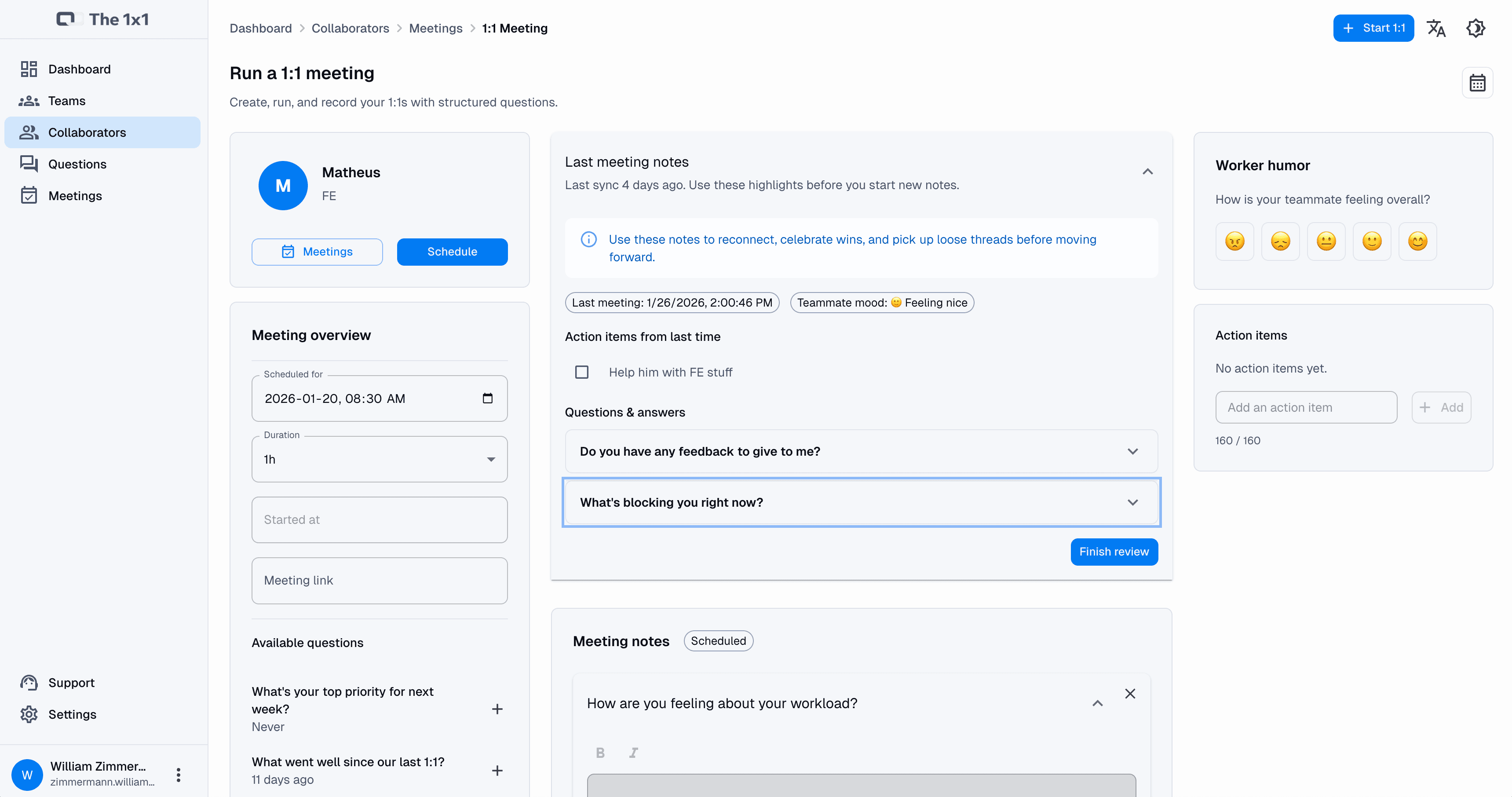 Vue de préparation de réunion dans The 1x1