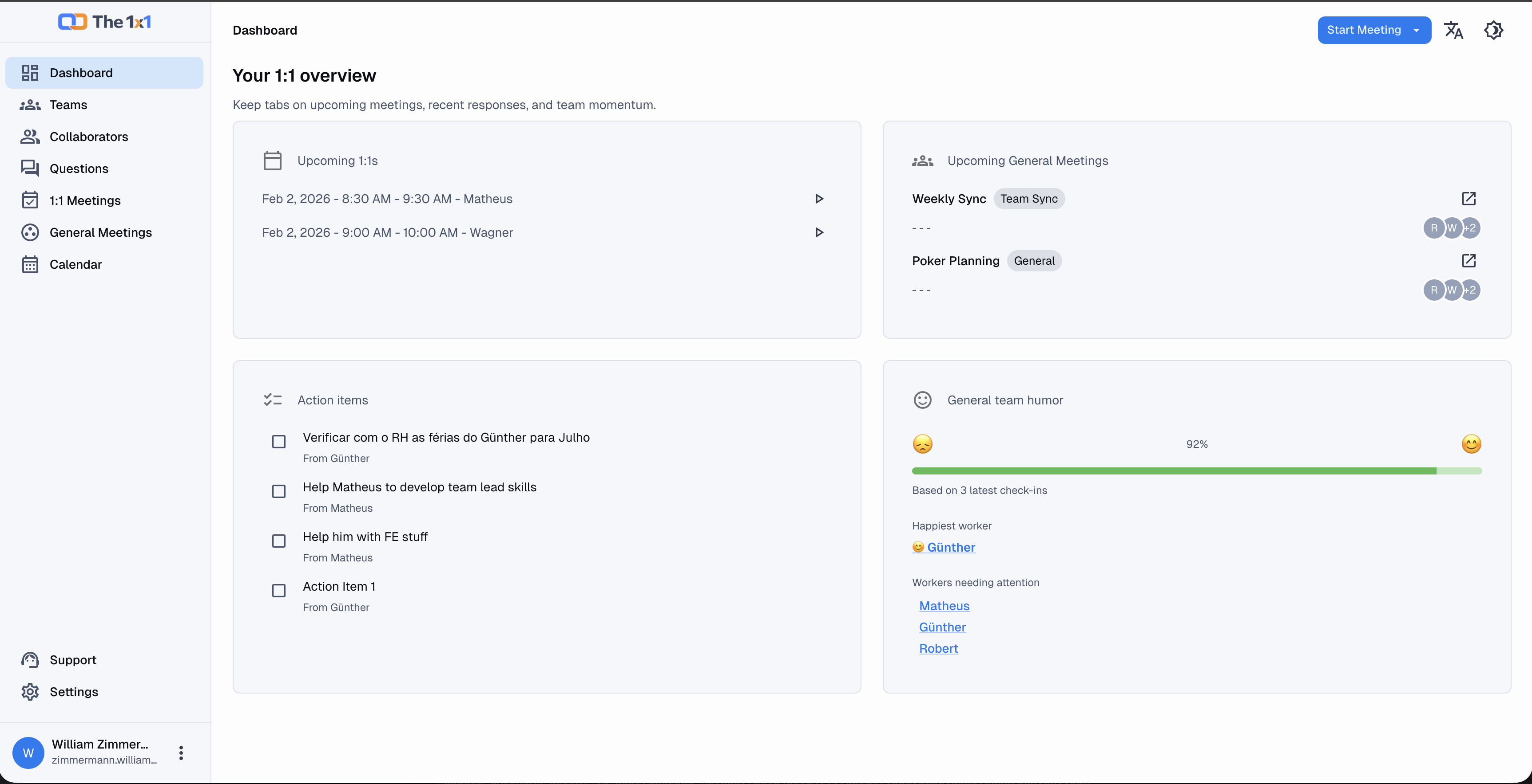 The 1x1 dashboard showing meetings, action items, and team mood
